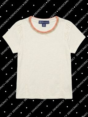 Democracy Boho Embroidered Crochet Neckline Tee | Puff Sleeve Top